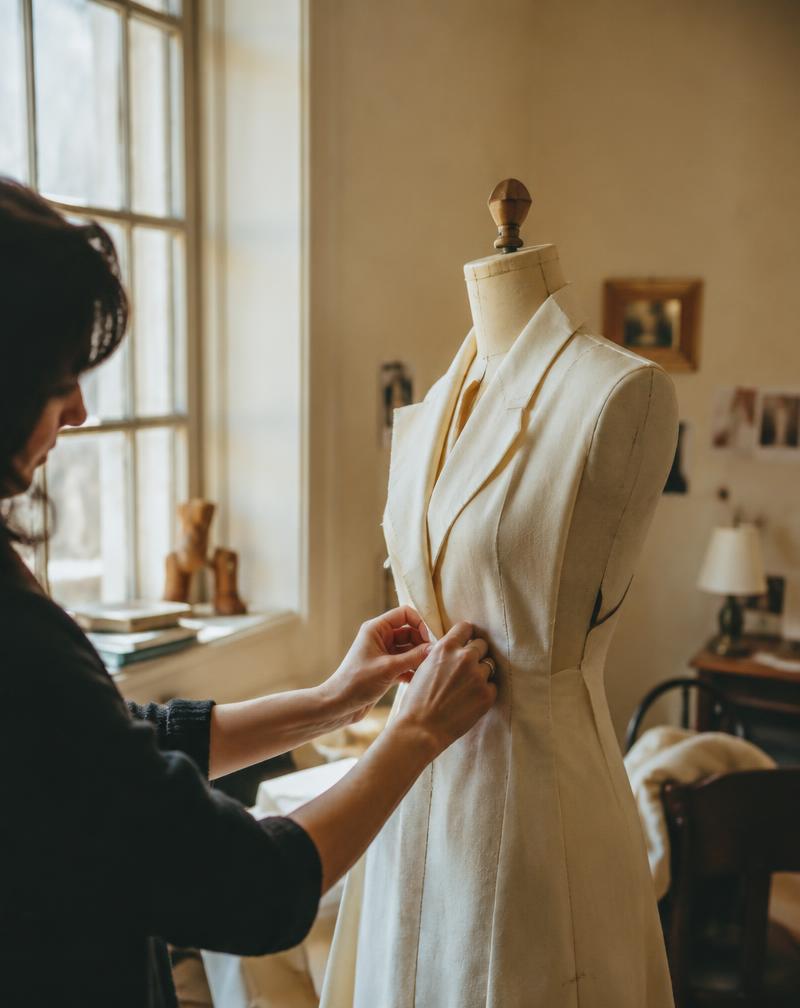 Hands adjusting a tailored garment on a dress form in a warm studio